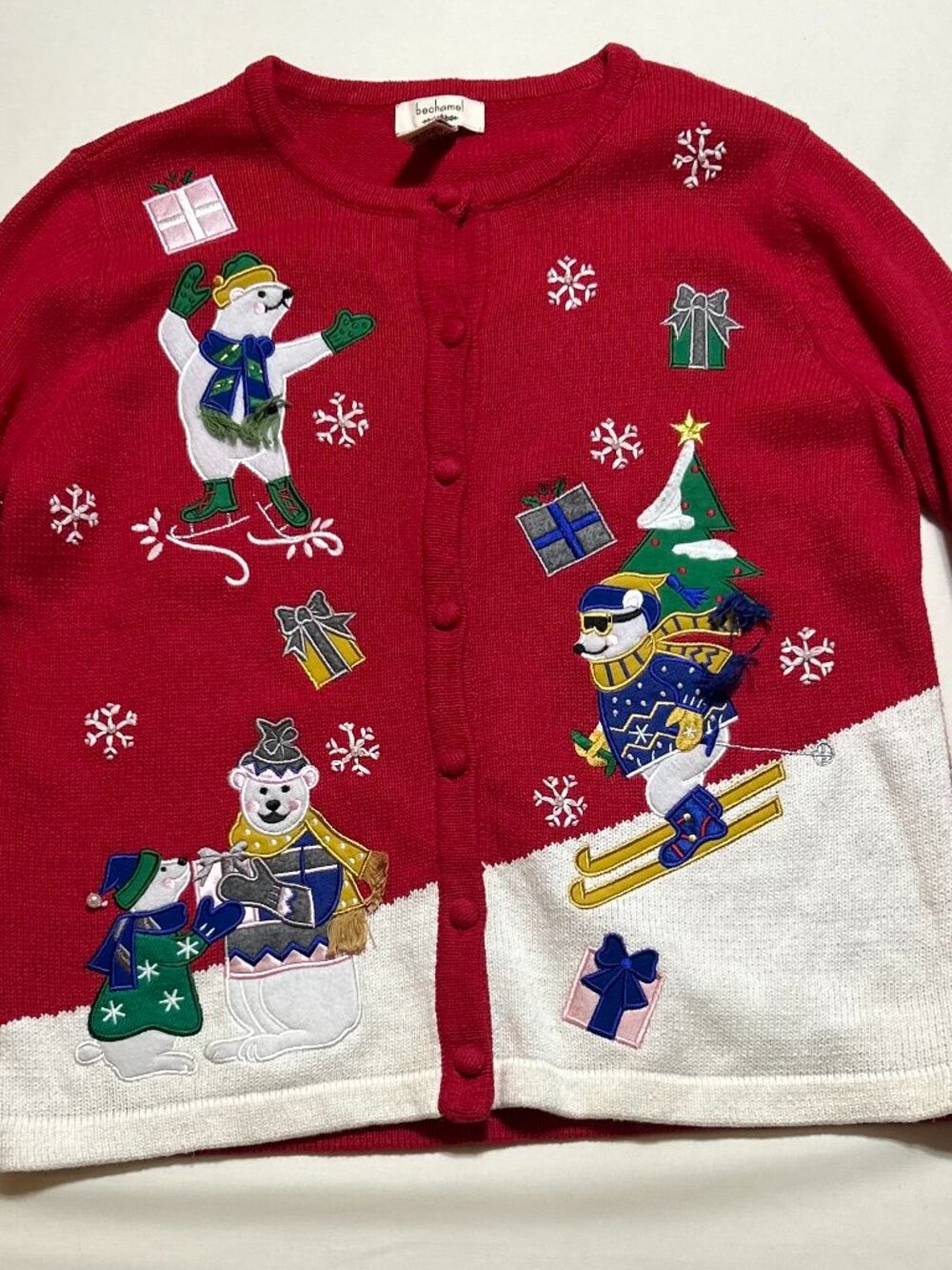 Vintage bechamel holiday sweater; Embroidered Polar Bears; Red/White; Size Large